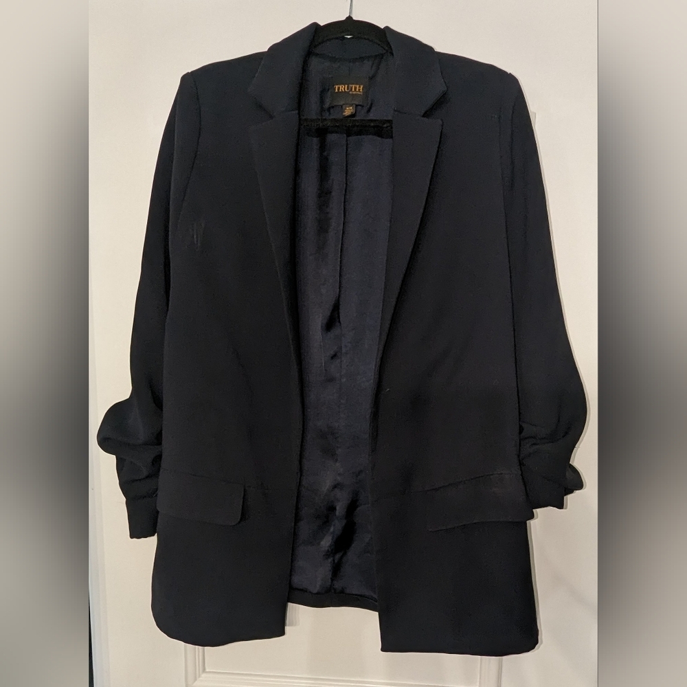 Truth by Republic Blazer Womens Small Navy Blue Open Oversized Corp Career Work